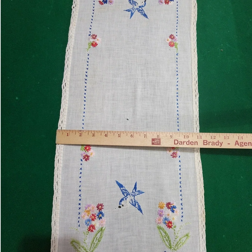 Antique Hand Embroidered Table Runner Bluebird Floral Crochet Lace Trim 36x11